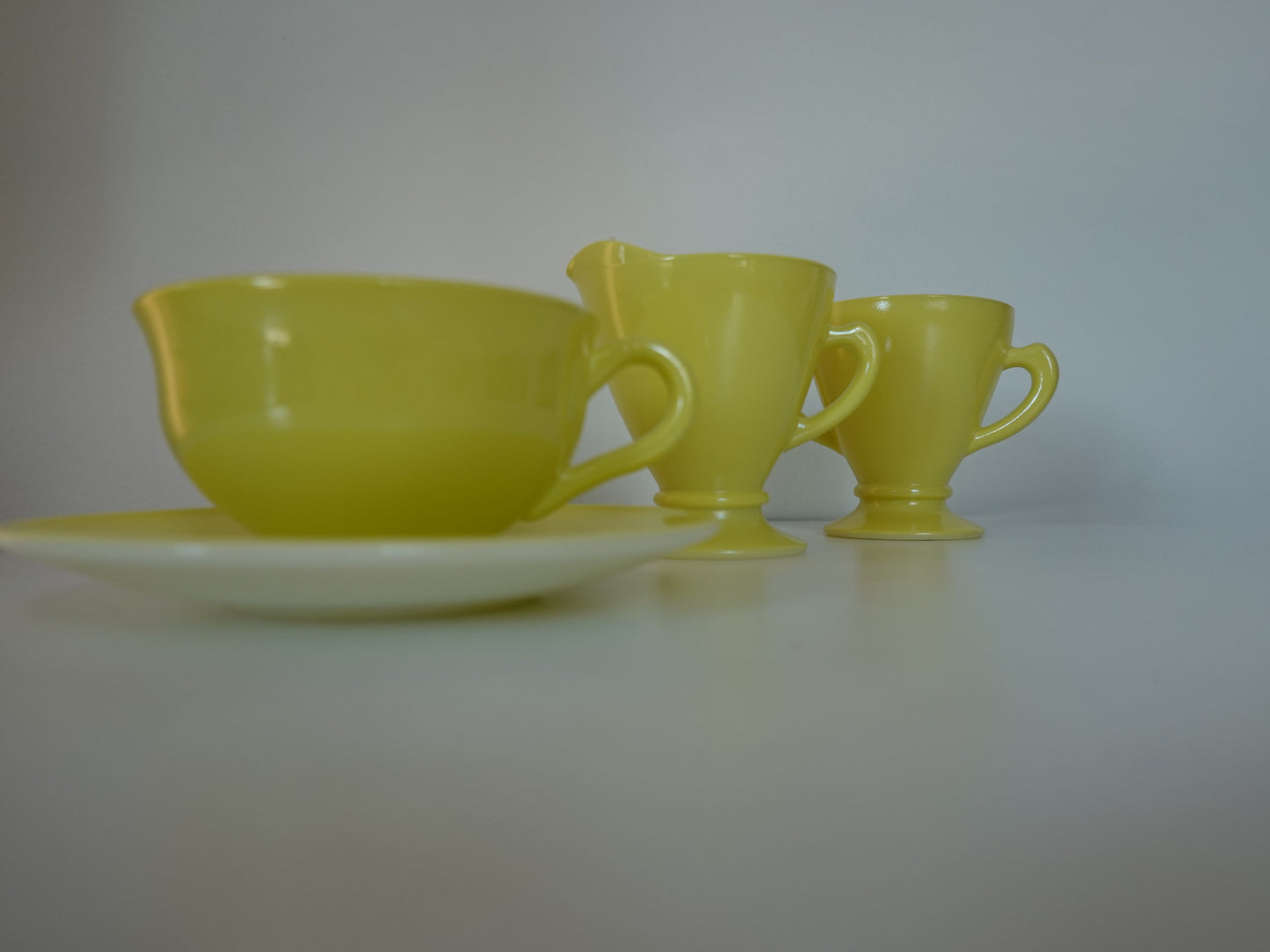 Sunny Yellow Vintage 1950's Creamer, Sugar, Mug & Saucer Set - Hazel Atlas Glass "Ovide" - Vintage Kitchenware - Lemon Yellow Coffee Set