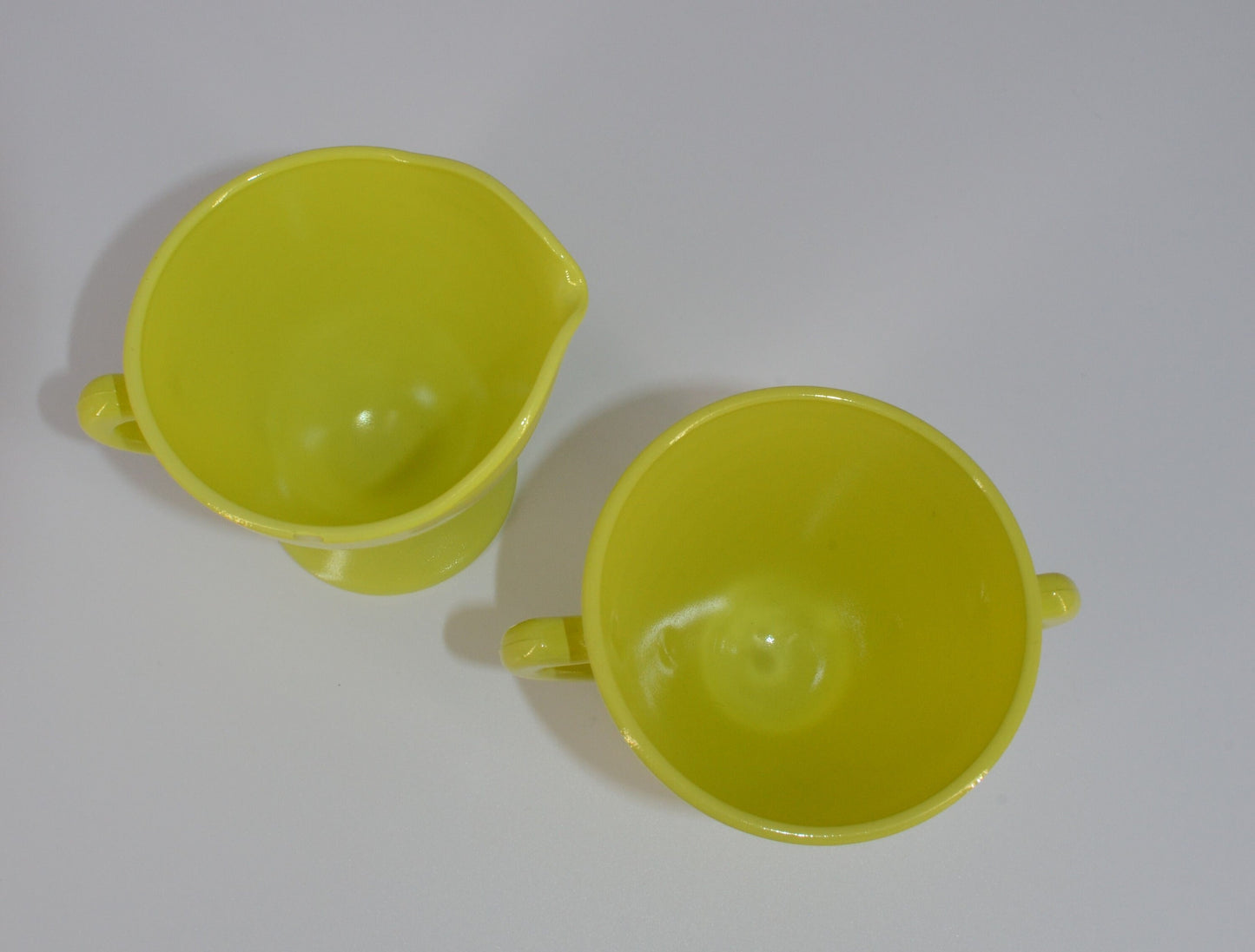 Sunny Yellow Vintage 1950's Creamer, Sugar, Mug & Saucer Set - Hazel Atlas Glass "Ovide" - Vintage Kitchenware - Lemon Yellow Coffee Set