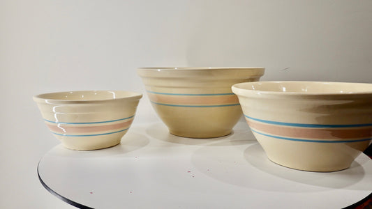 Vintage McCoy Pottery Oven Ware Bowls - 8", 10" 12" - Heavy Duty Mixing Bowls - Blue and Pink Banded - Vintage Kitchen Supplies - Stoneware
