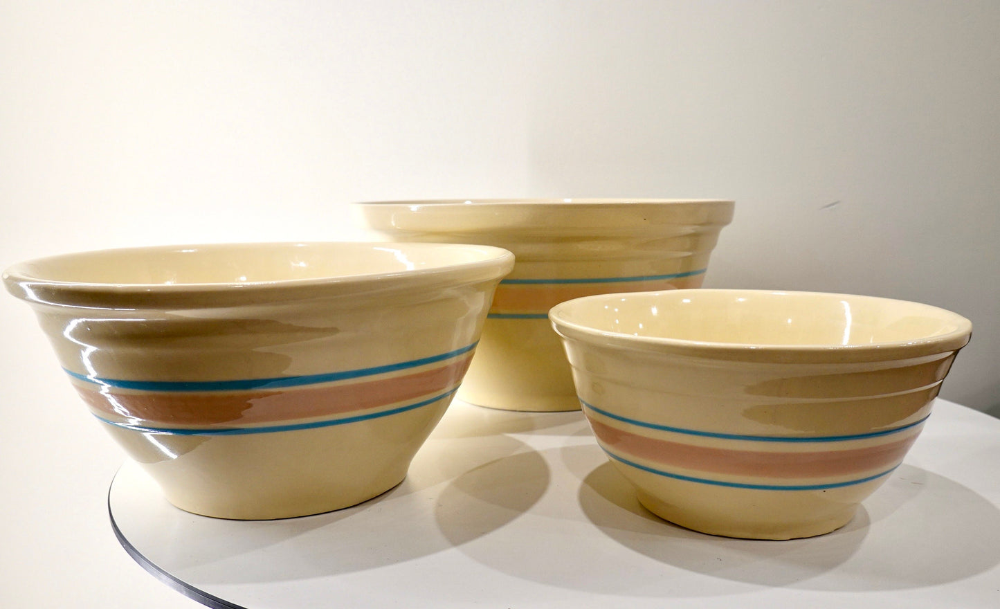 Vintage McCoy Pottery Oven Ware Bowls - 8", 10" 12" - Heavy Duty Mixing Bowls - Blue and Pink Banded - Vintage Kitchen Supplies - Stoneware