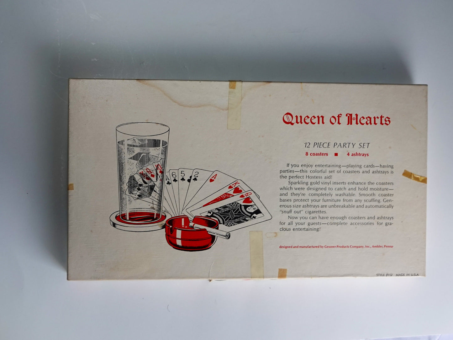 Vintage Poker Night Coaster and Ashtray Set - With Original Box - 1960's Party Set - Queen of Hearts