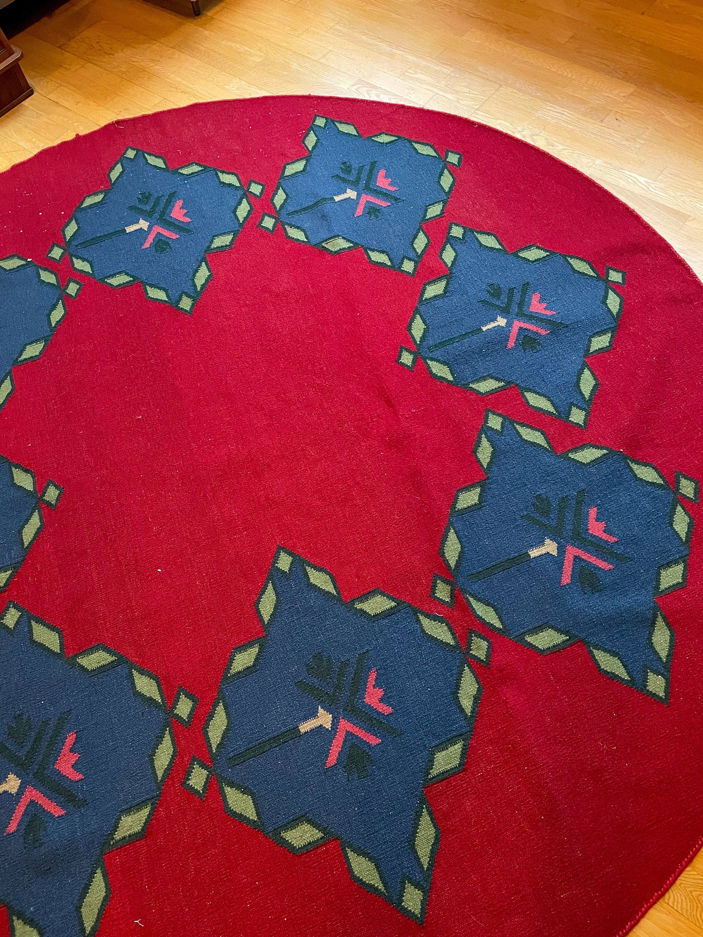 7 Foot Circle Carpet - Handwoven Wool Geometric Area Rug - Vintage Kilim Rug