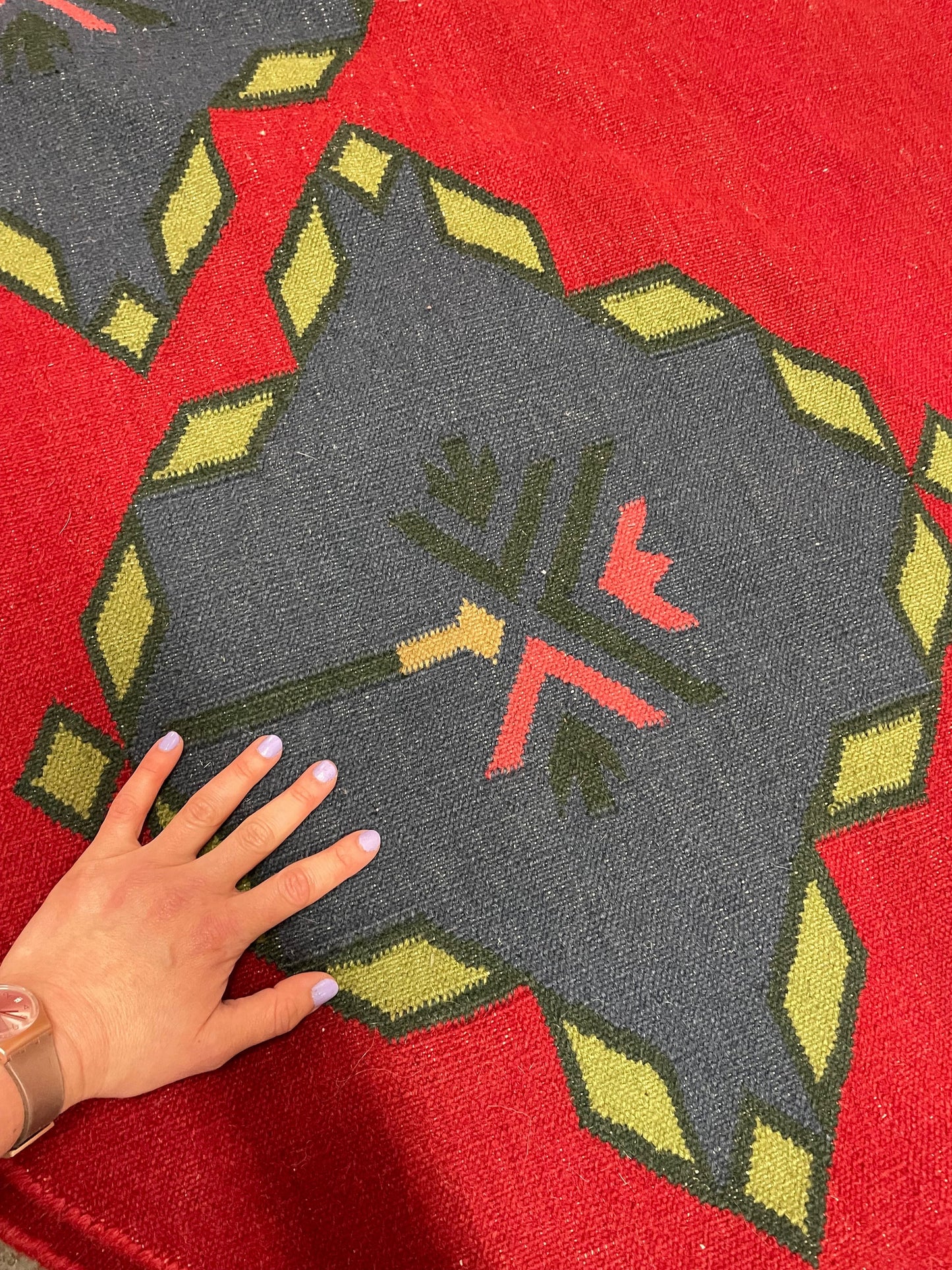 7 Foot Circle Carpet - Handwoven Wool Geometric Area Rug - Vintage Kilim Rug