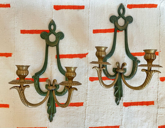 Pair of Brass Wall Sconces - Wall Mounted Double Arm Candle Holder - Vintage Candle Holder