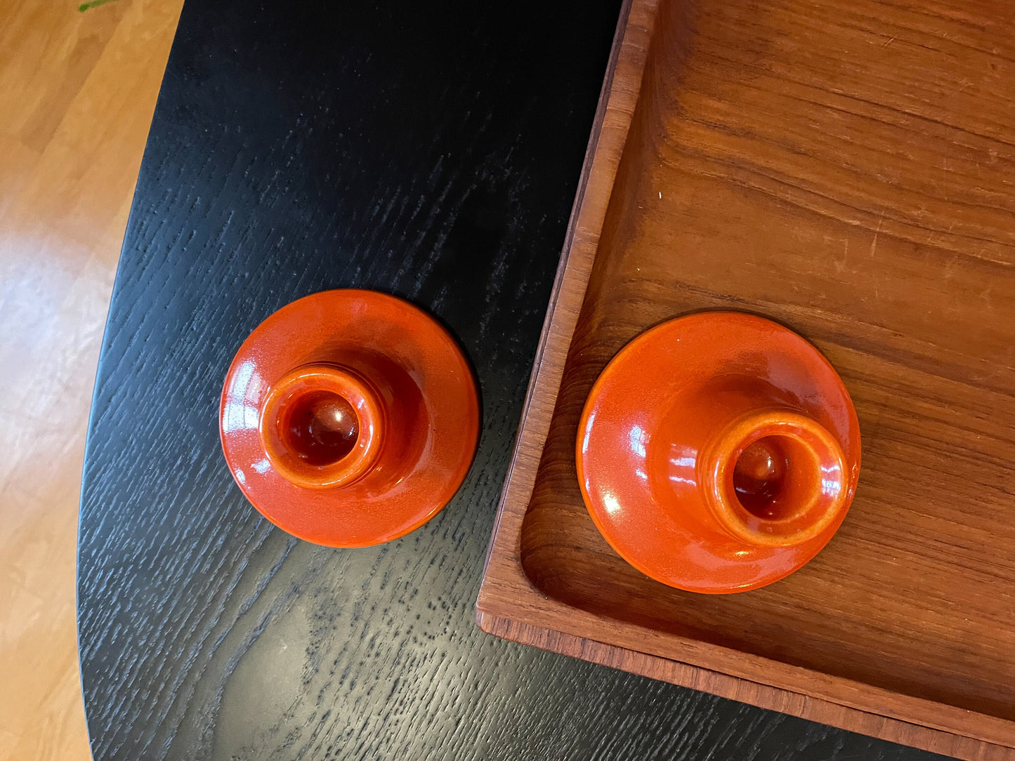 Ceramic Candle Holders - Vintage Bright Orange with Sparkling Glossy Glaze - Handmade Ceramic Candle Holders - Space Age Design - 1970s Home