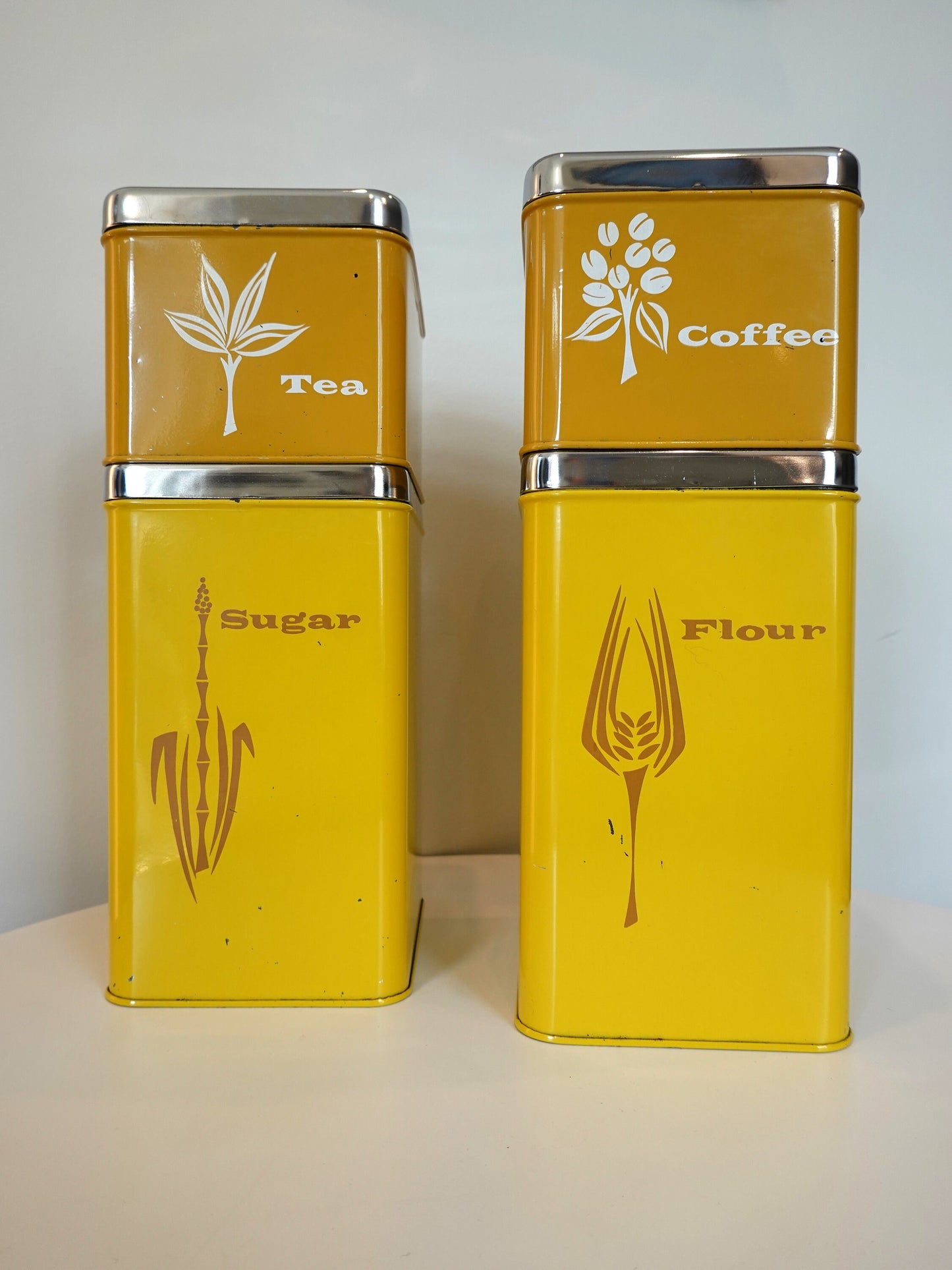 Vintage Kitchen Canisters - Lemon Yellow and Burnt Orange Painted Metal - Midcentury MCM Kitchen Set