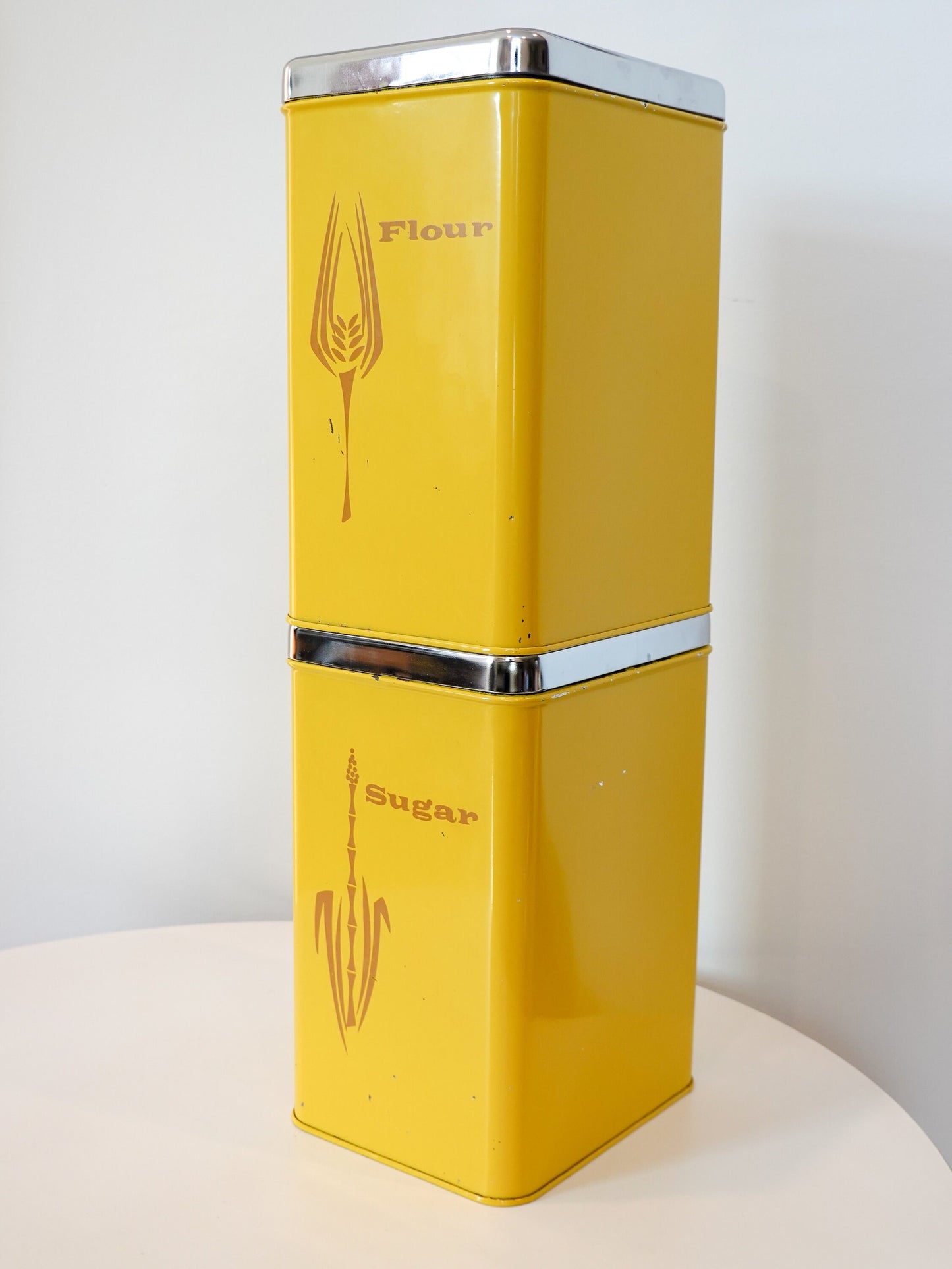 Vintage Kitchen Canisters - Lemon Yellow and Burnt Orange Painted Metal - Midcentury MCM Kitchen Set