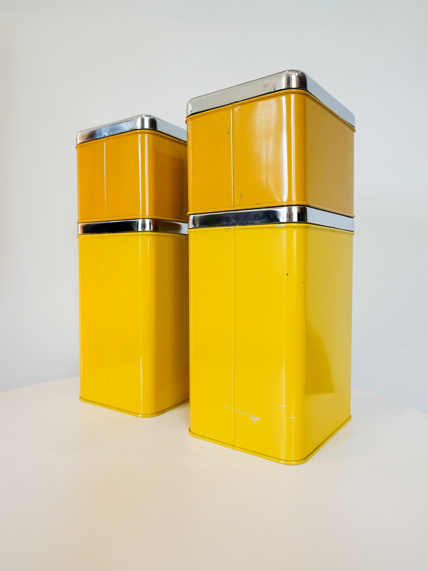 Vintage Kitchen Canisters - Lemon Yellow and Burnt Orange Painted Metal - Midcentury MCM Kitchen Set