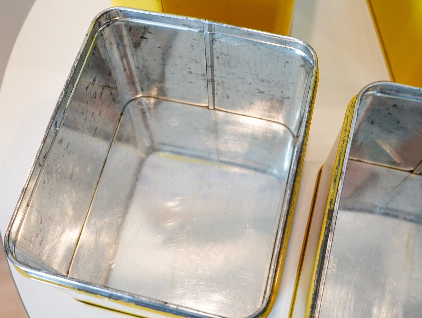 Vintage Kitchen Canisters - Lemon Yellow and Burnt Orange Painted Metal - Midcentury MCM Kitchen Set