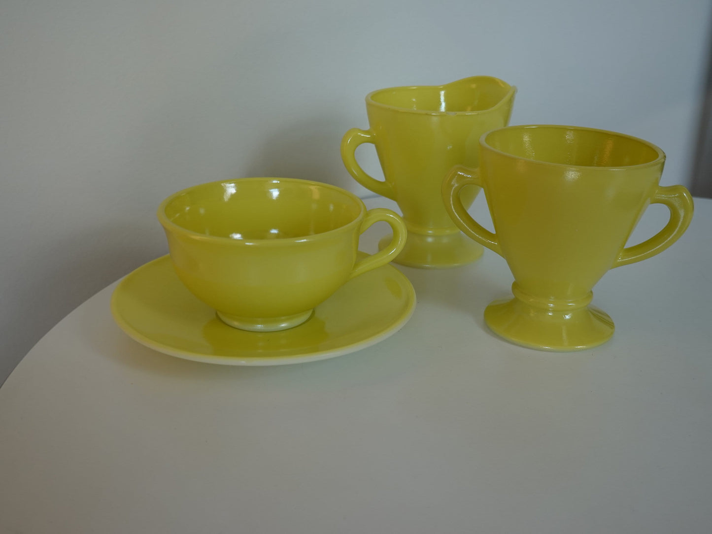 Sunny Yellow Vintage 1950's Creamer, Sugar, Mug & Saucer Set - Hazel Atlas Glass "Ovide" - Vintage Kitchenware - Lemon Yellow Coffee Set