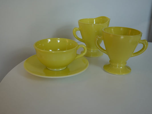 Sunny Yellow Vintage 1950's Creamer, Sugar, Mug & Saucer Set - Hazel Atlas Glass "Ovide" - Vintage Kitchenware - Lemon Yellow Coffee Set
