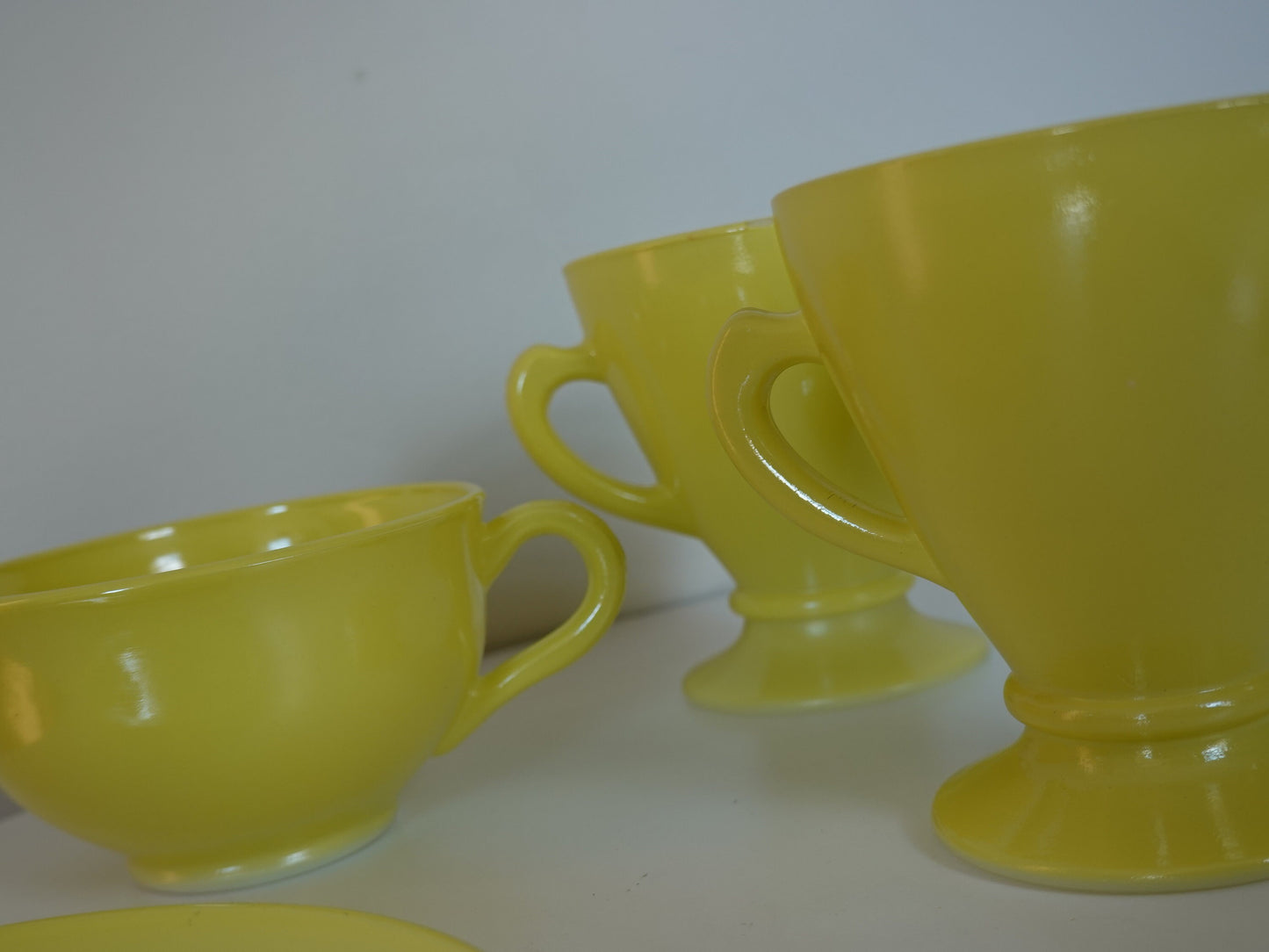 Sunny Yellow Vintage 1950's Creamer, Sugar, Mug & Saucer Set - Hazel Atlas Glass "Ovide" - Vintage Kitchenware - Lemon Yellow Coffee Set