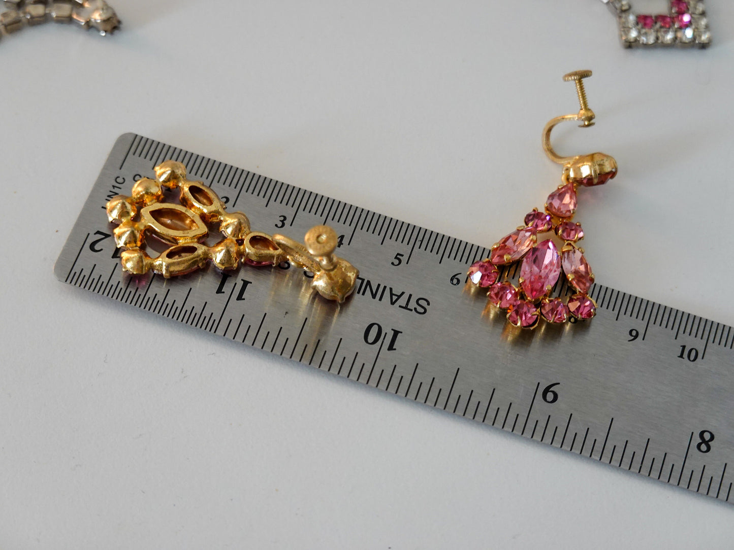 40's - 50's Chandelier Cubic Zirconia Earrings - Pink Czech Rhinestone Earrings - Vintage Glamorous Jewelry - Gold Earrings