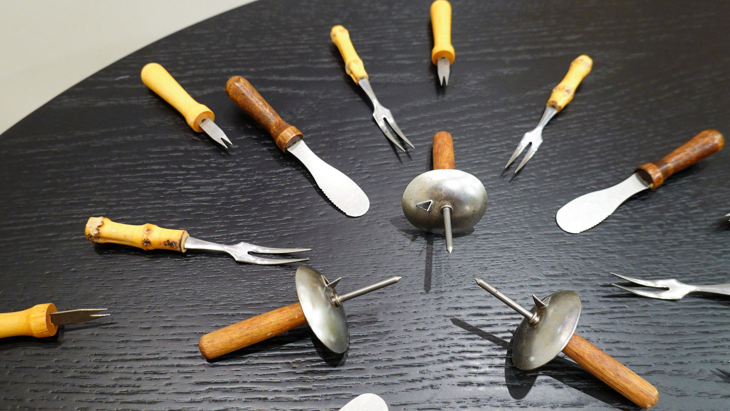 Hors d'oeuvre Set - Skewers, Forks, Olive Picks, Cheese Knives - Vintage Appetizer Utensils - Wood, Bamboo & Stainless Steel Japanese CLEAN