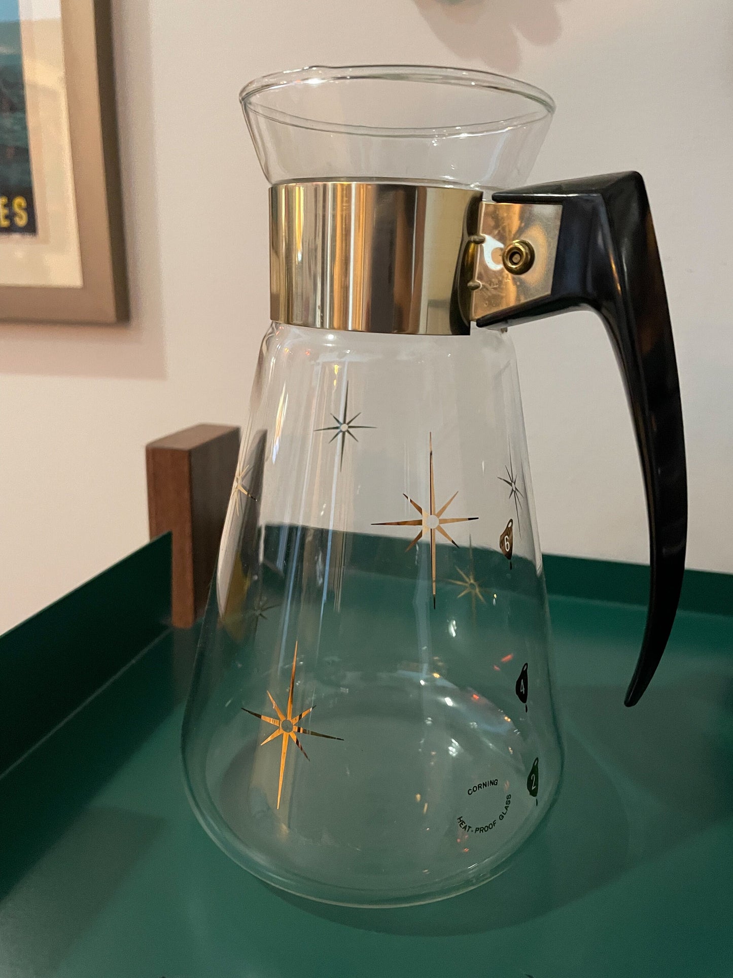 Atomic Starburst Carafe by Corning - Gold Tone Details - Heat Proof Glass