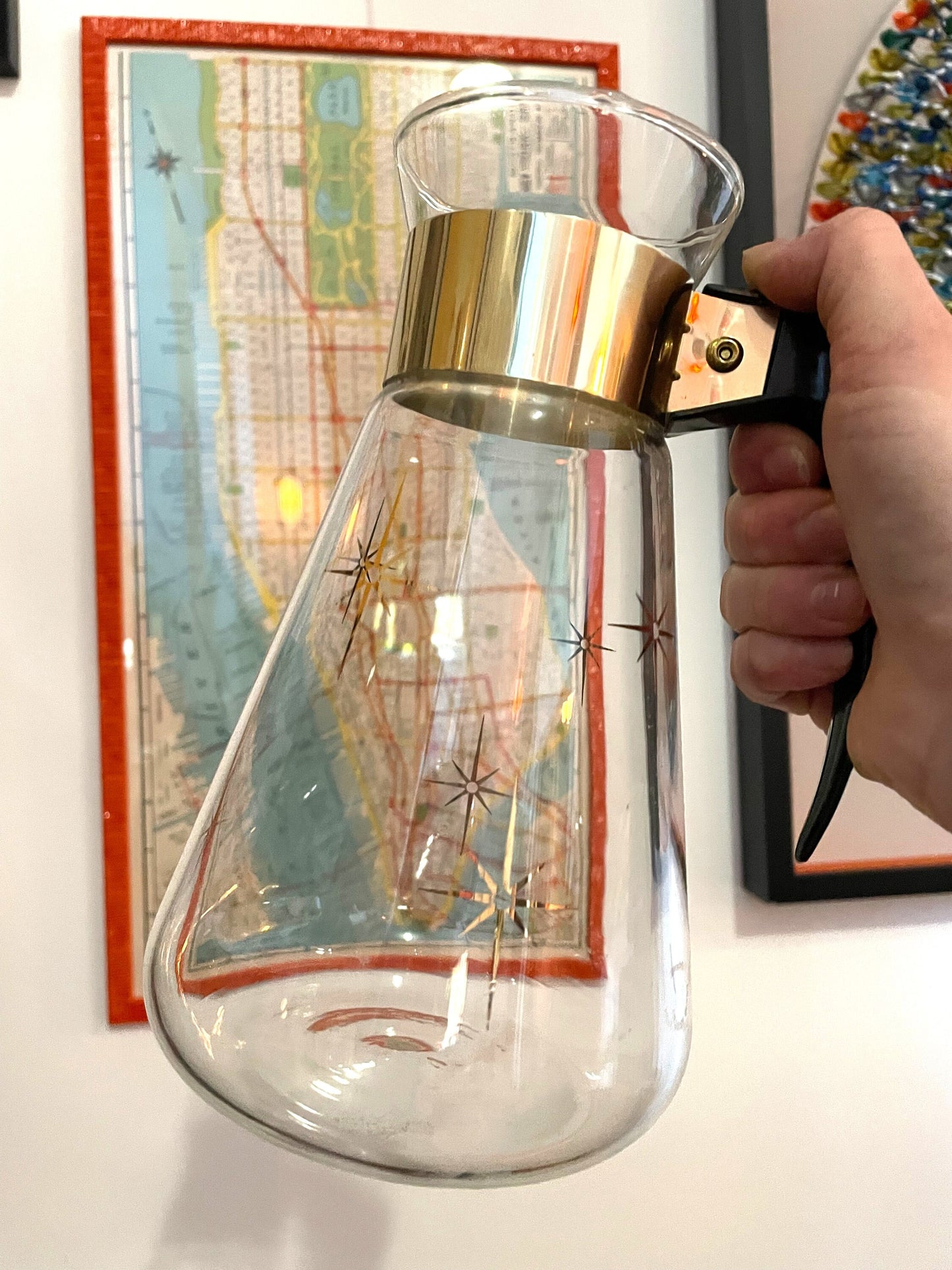 Atomic Starburst Carafe by Corning - Gold Tone Details - Heat Proof Glass