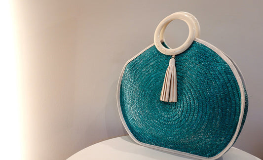 Circle Bag - Vintage Woven Raffia Summer Tote - 1960s Beach Bag - White Leather, Turquoise Raffia, White Acrylic Handle & Tassel