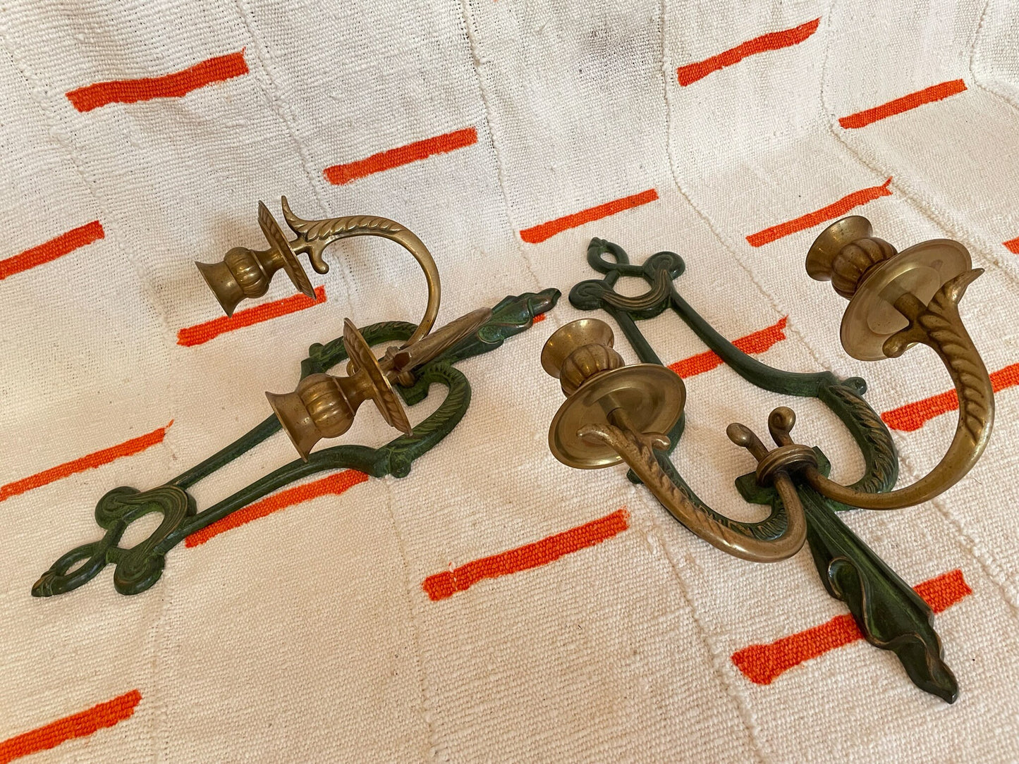 Pair of Brass Wall Sconces - Wall Mounted Double Arm Candle Holder - Vintage Candle Holder
