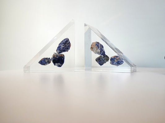 70's Acrylic Lucite Bookends with Sodalite Specimens - Vintage MCM Home Dcor