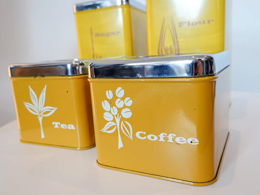 Vintage Kitchen Canisters - Lemon Yellow and Burnt Orange Painted Metal - Midcentury MCM Kitchen Set