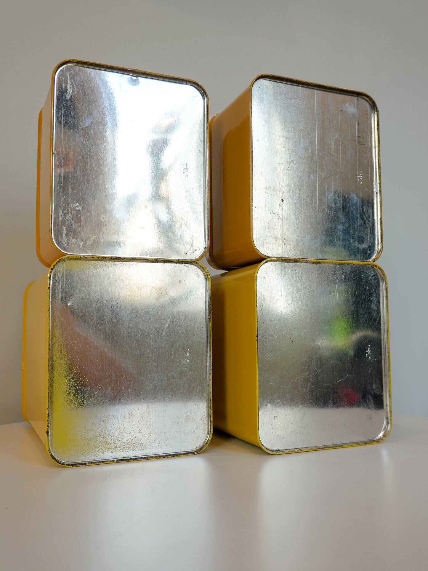 Vintage Kitchen Canisters - Lemon Yellow and Burnt Orange Painted Metal - Midcentury MCM Kitchen Set