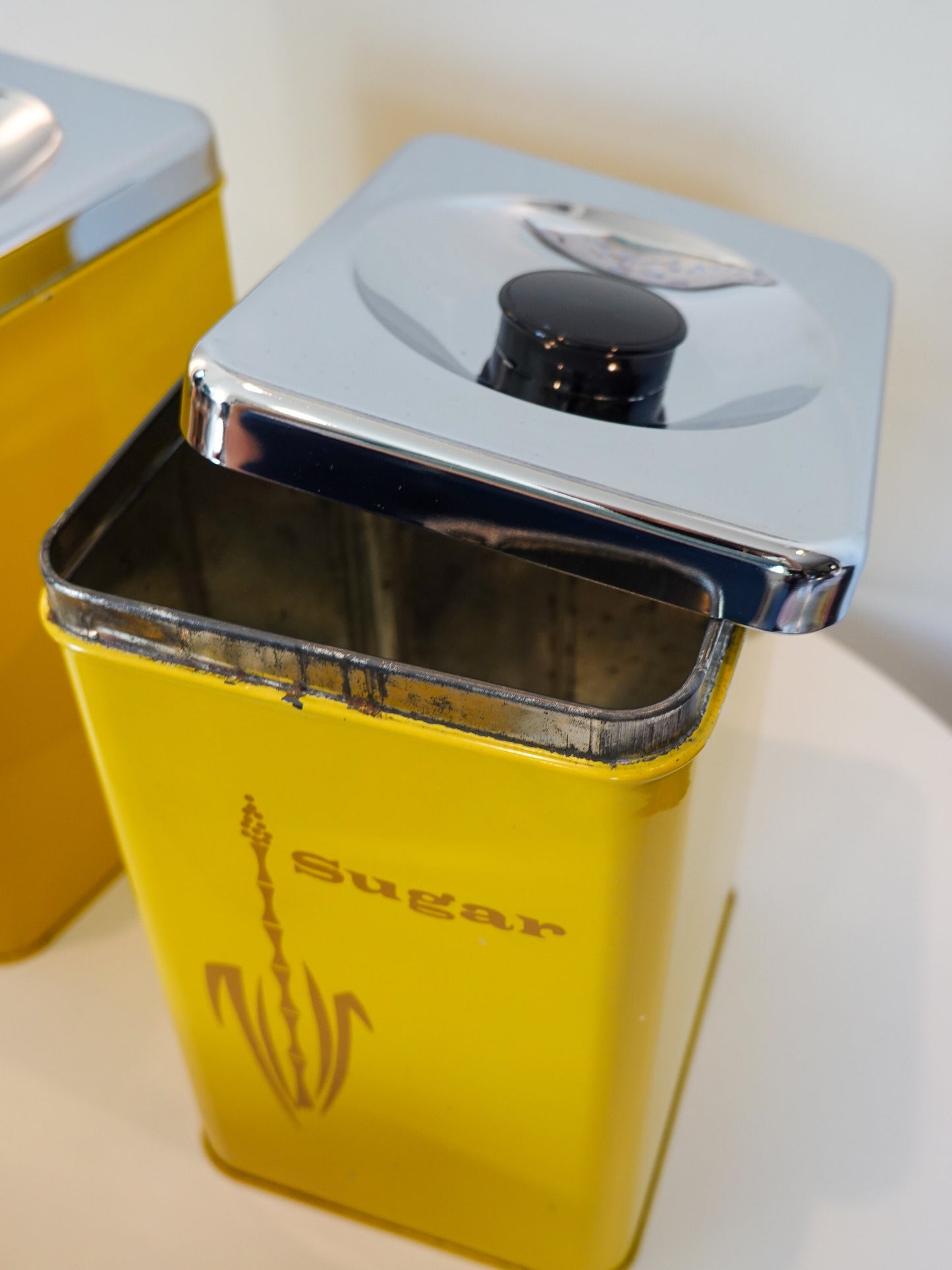 Vintage Kitchen Canisters - Lemon Yellow and Burnt Orange Painted Metal - Midcentury MCM Kitchen Set