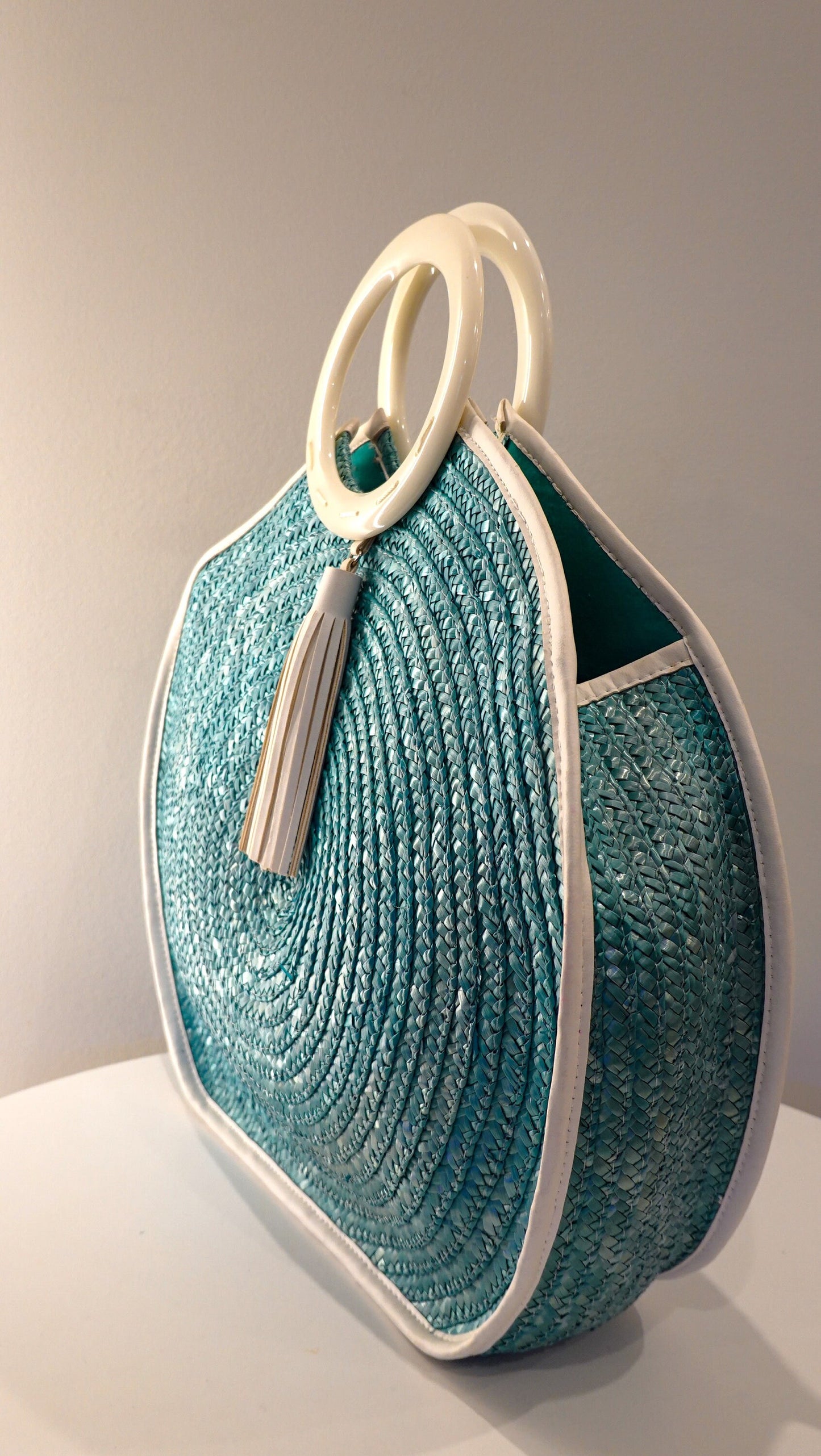 Circle Bag - Vintage Woven Raffia Summer Tote - 1960s Beach Bag - White Leather, Turquoise Raffia, White Acrylic Handle & Tassel