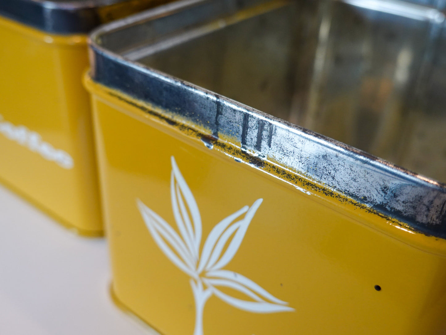 Vintage Kitchen Canisters - Lemon Yellow and Burnt Orange Painted Metal - Midcentury MCM Kitchen Set