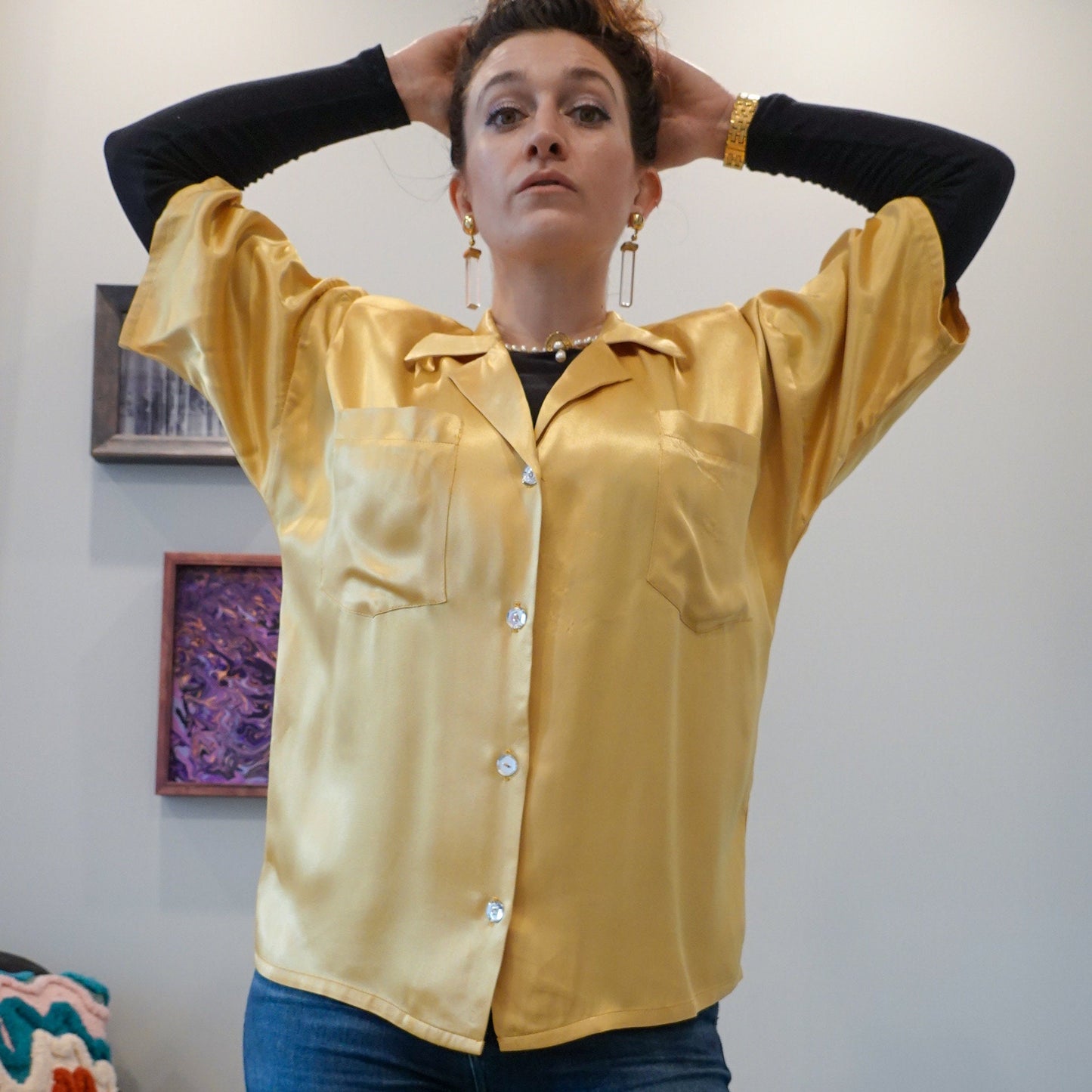 70's Two Piece Silk Blouse and Pant Set with Mirrored Buttons, Elastic Waist & Pockets - Genderless