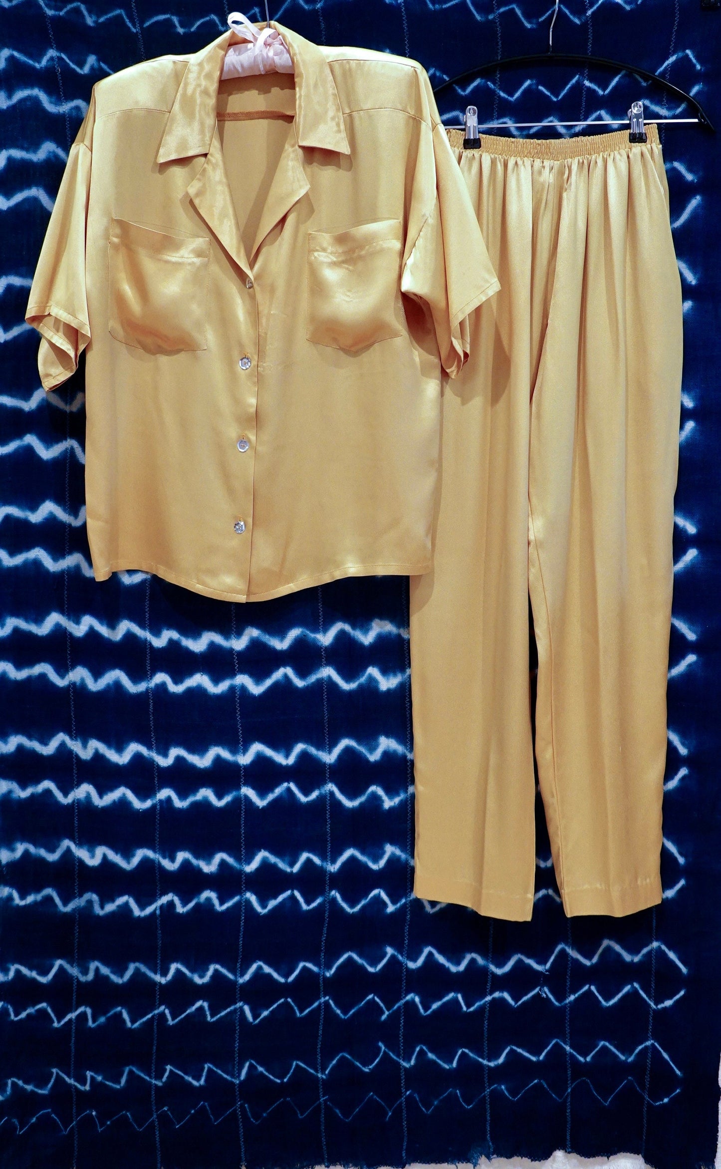 70's Two Piece Silk Blouse and Pant Set with Mirrored Buttons, Elastic Waist & Pockets - Genderless