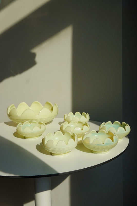 RARE Early 1910's - 1920's Cambridge Weatherford Custard Glass Berry Bowl Set - Opaline Glass, Uranium Glass - Glows under UV Light