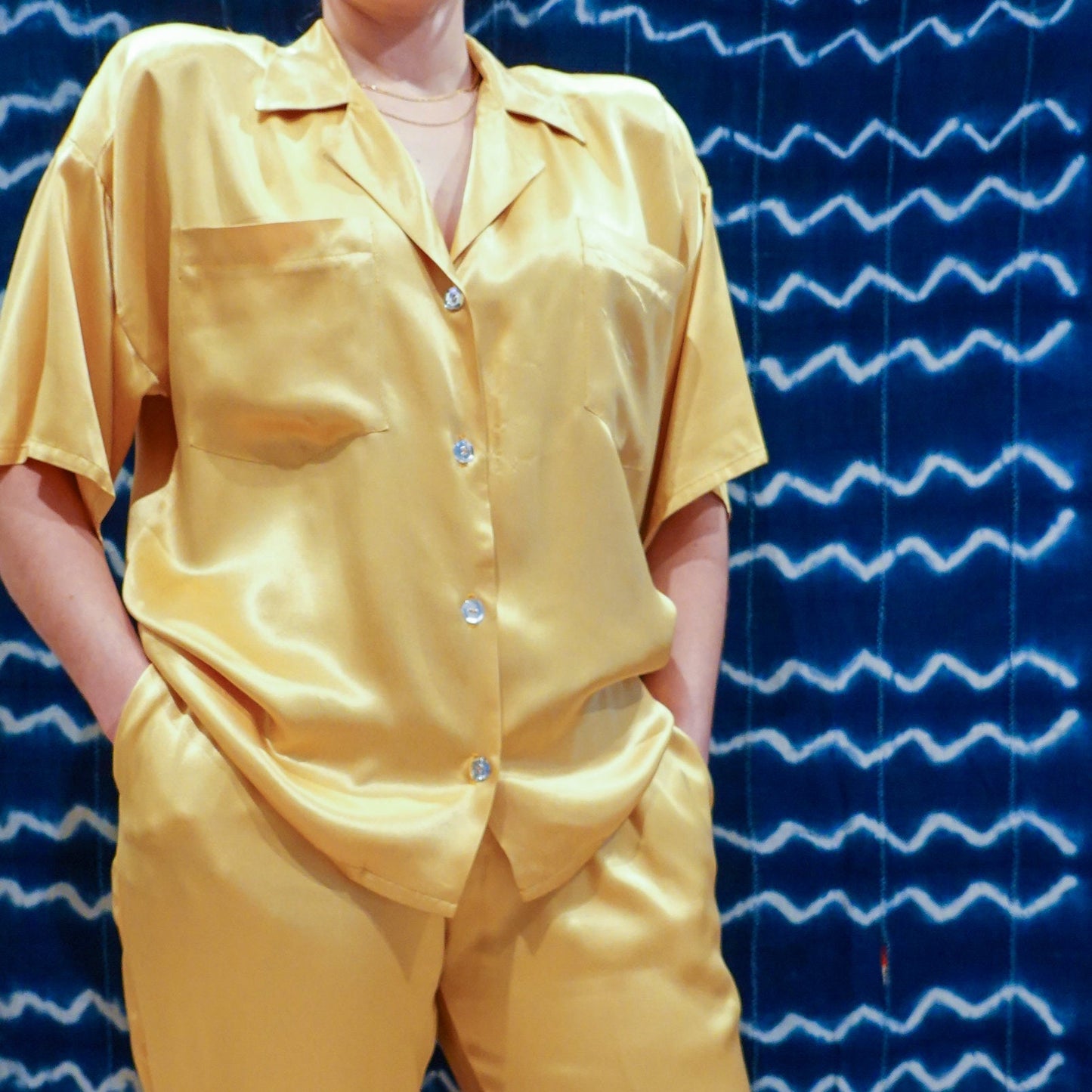 70's Two Piece Silk Blouse and Pant Set with Mirrored Buttons, Elastic Waist & Pockets - Genderless