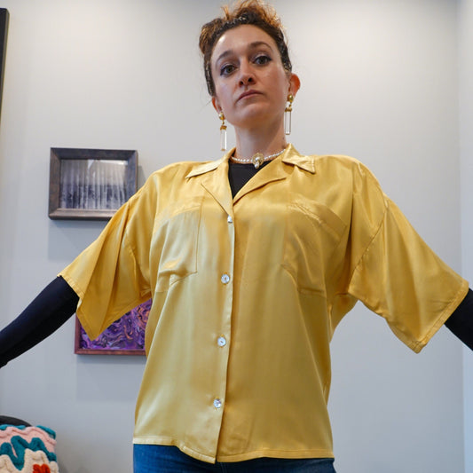 70's Two Piece Silk Blouse and Pant Set with Mirrored Buttons, Elastic Waist & Pockets - Genderless
