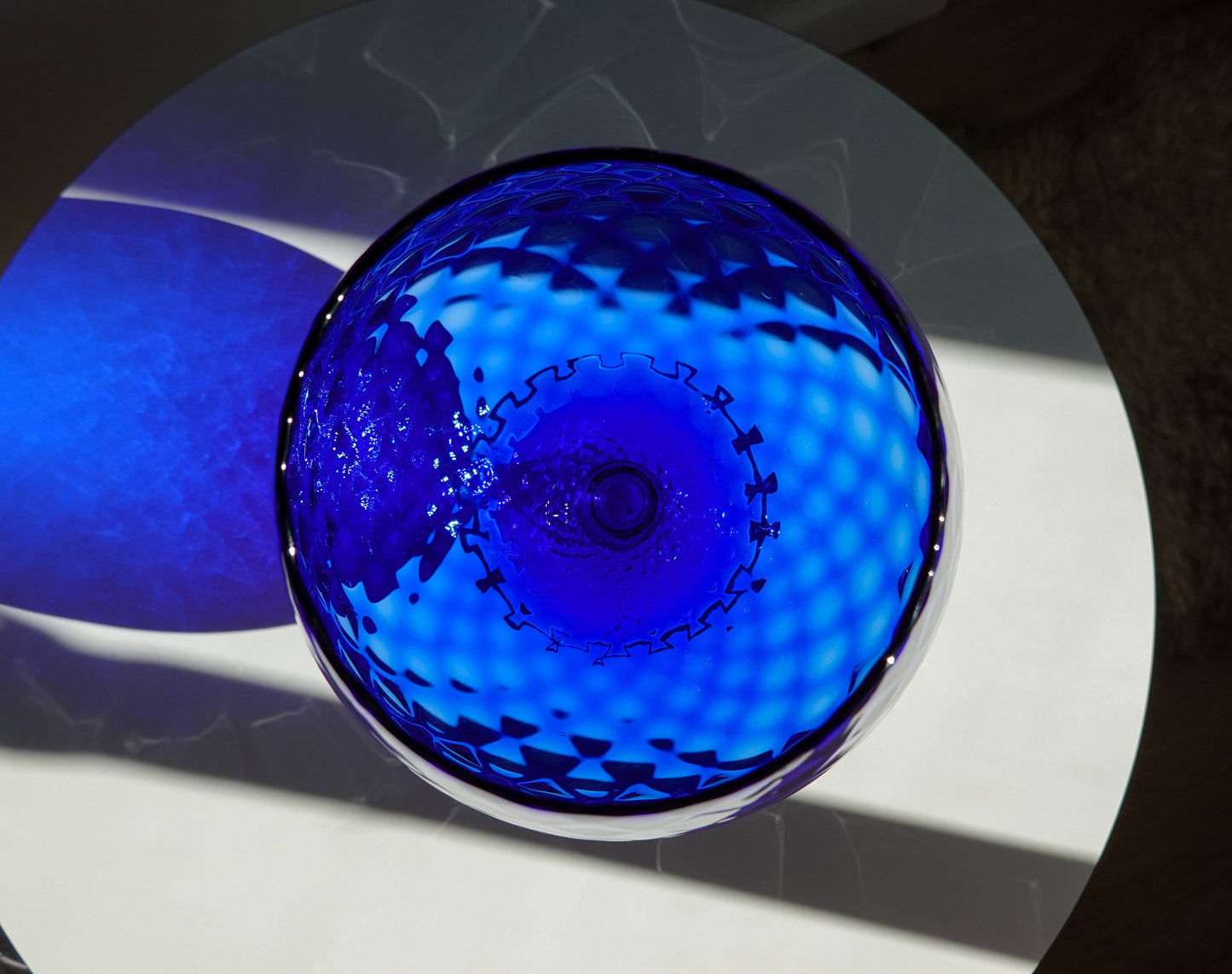 60's Vintage Italian Empoli Vase - Large Optical Glass - Footed Glass with Relief Pattern - Cobalt Blue Vase