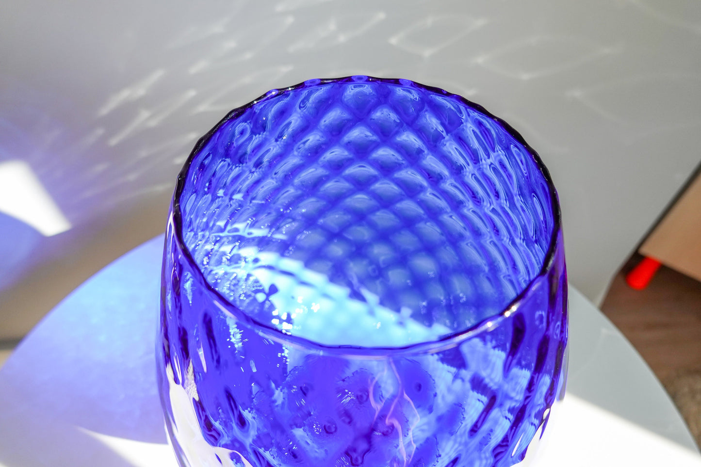 60's Vintage Italian Empoli Vase - Large Optical Glass - Footed Glass with Relief Pattern - Cobalt Blue Vase