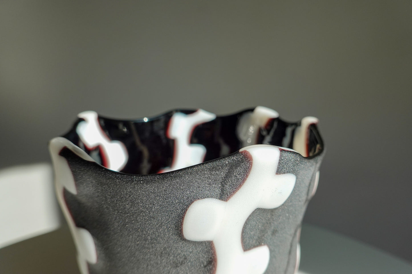 Vintage Handmade Squiggle Art Glass Vase - Matte Black and White Vase - Handmade Artisan Vase - High Contrast Pattern Vase