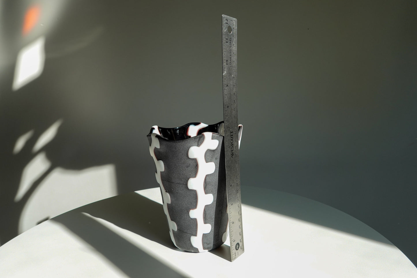 Vintage Handmade Squiggle Art Glass Vase - Matte Black and White Vase - Handmade Artisan Vase - High Contrast Pattern Vase
