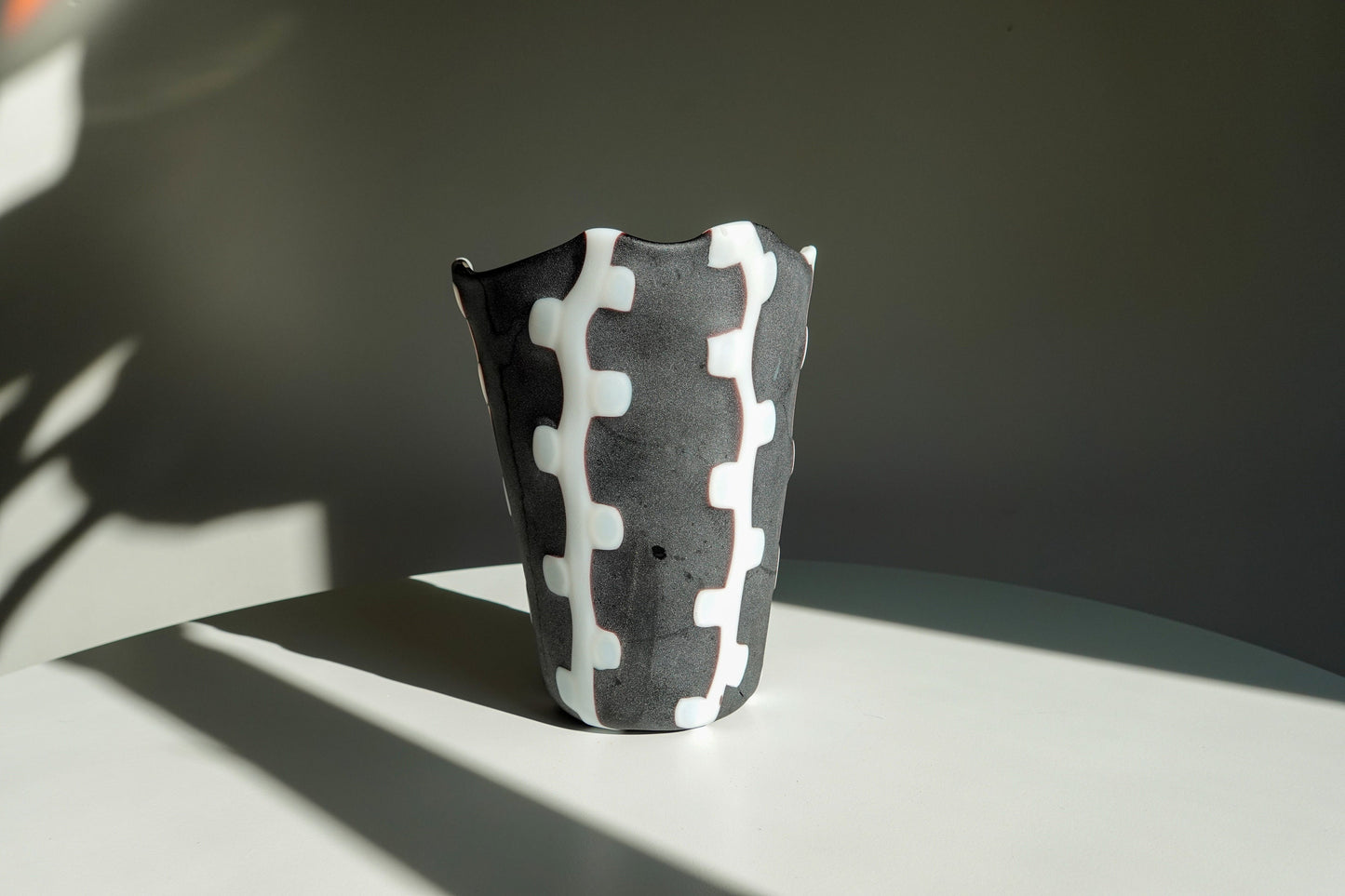 Vintage Handmade Squiggle Art Glass Vase - Matte Black and White Vase - Handmade Artisan Vase - High Contrast Pattern Vase