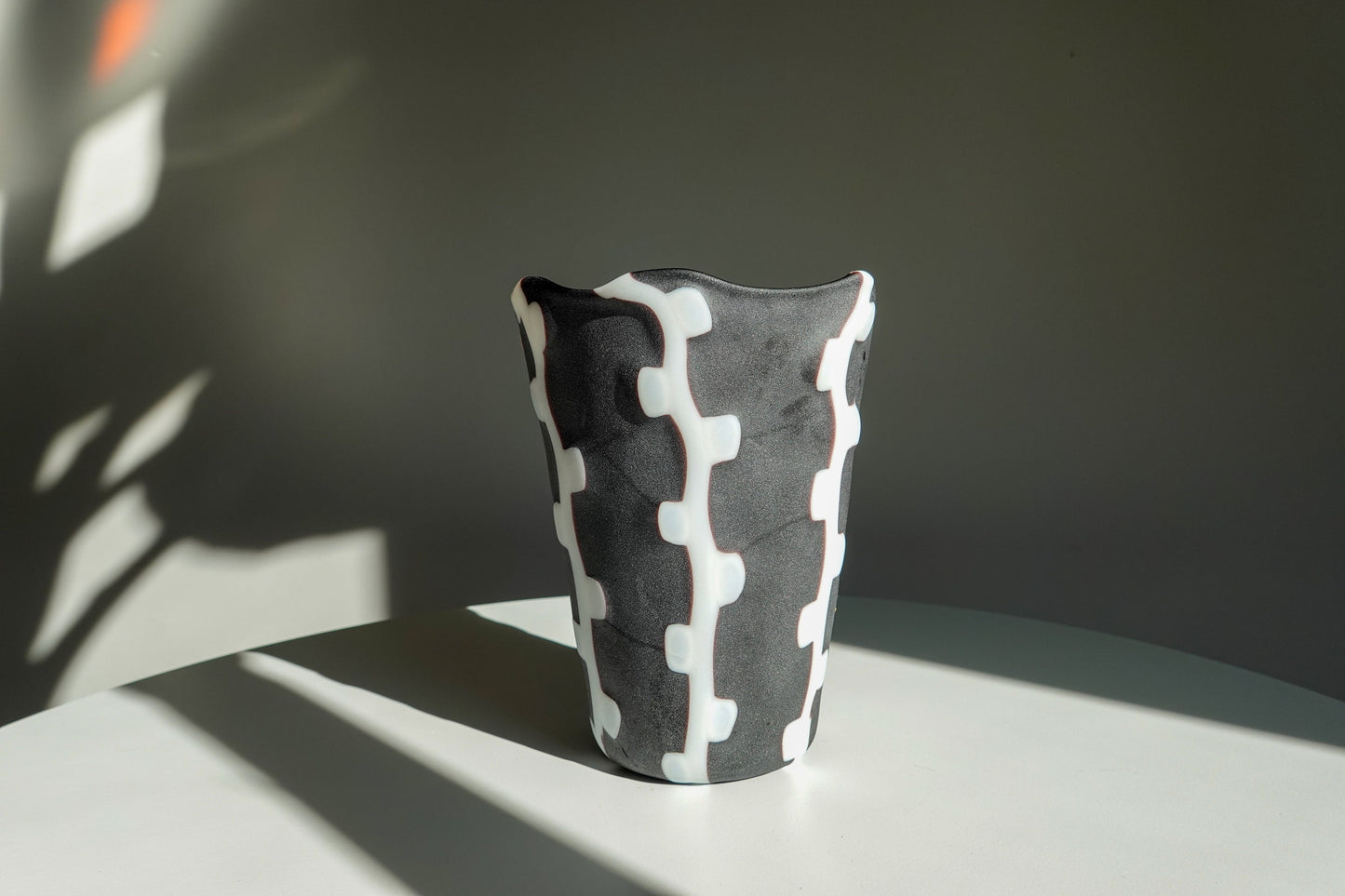Vintage Handmade Squiggle Art Glass Vase - Matte Black and White Vase - Handmade Artisan Vase - High Contrast Pattern Vase