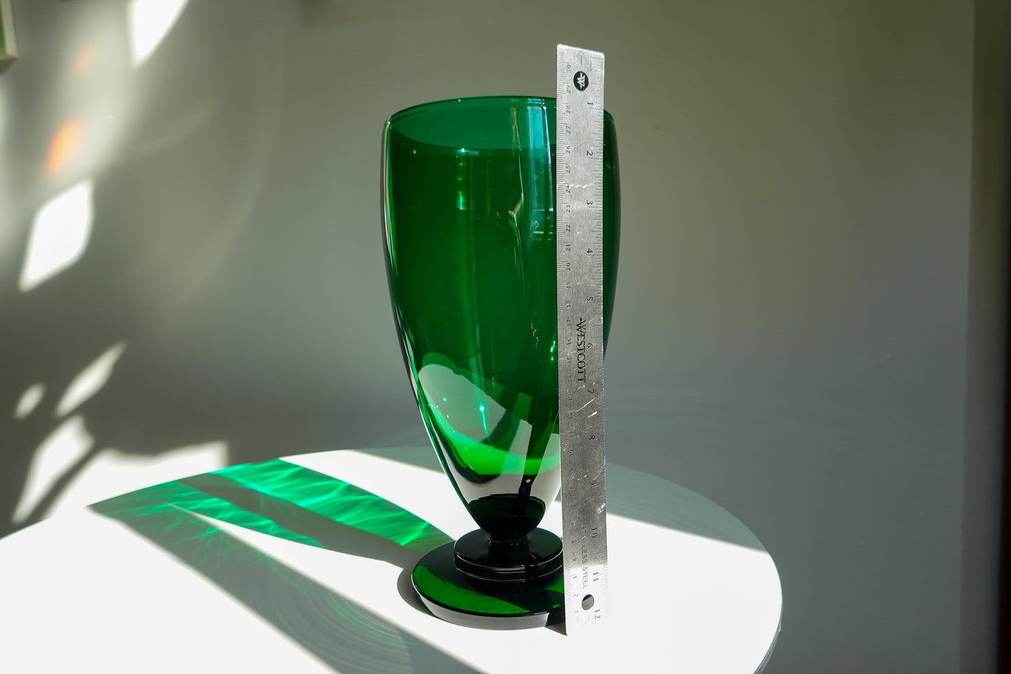 30's - 40's Art Deco Emerald Green Footed Vase - Vintage Large, Heavy Glass Vase - Vintage Pedestal Vase