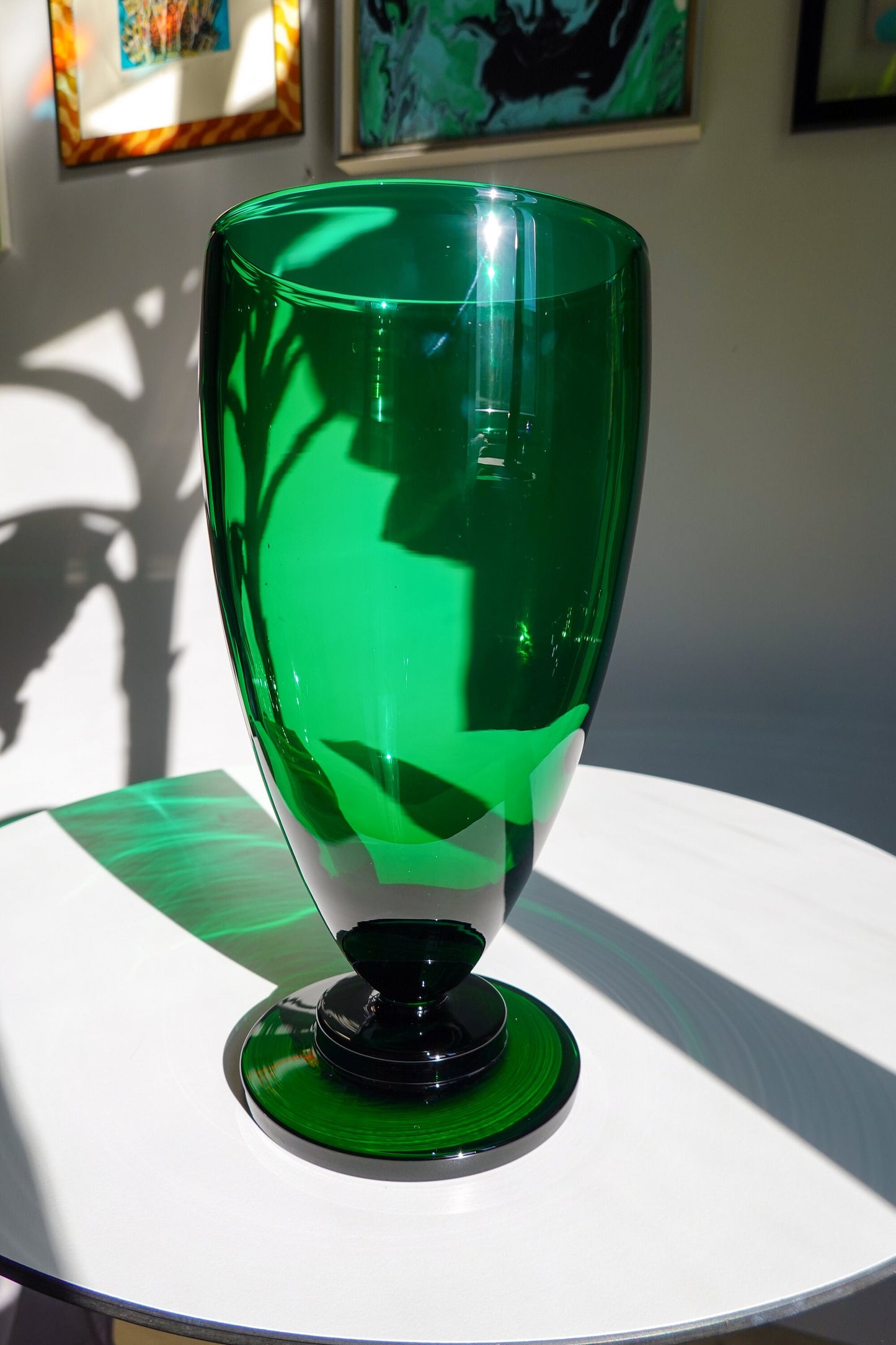 30's - 40's Art Deco Emerald Green Footed Vase - Vintage Large, Heavy Glass Vase - Vintage Pedestal Vase
