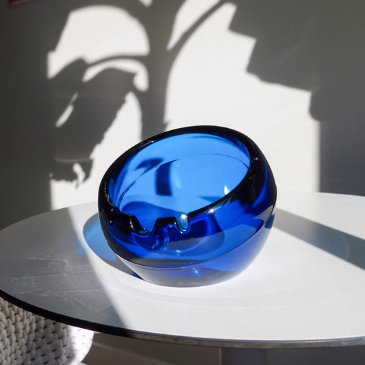 60's Cobalt Optical Glass Ashtray - Orb Ashtray - Space Age Ashtray