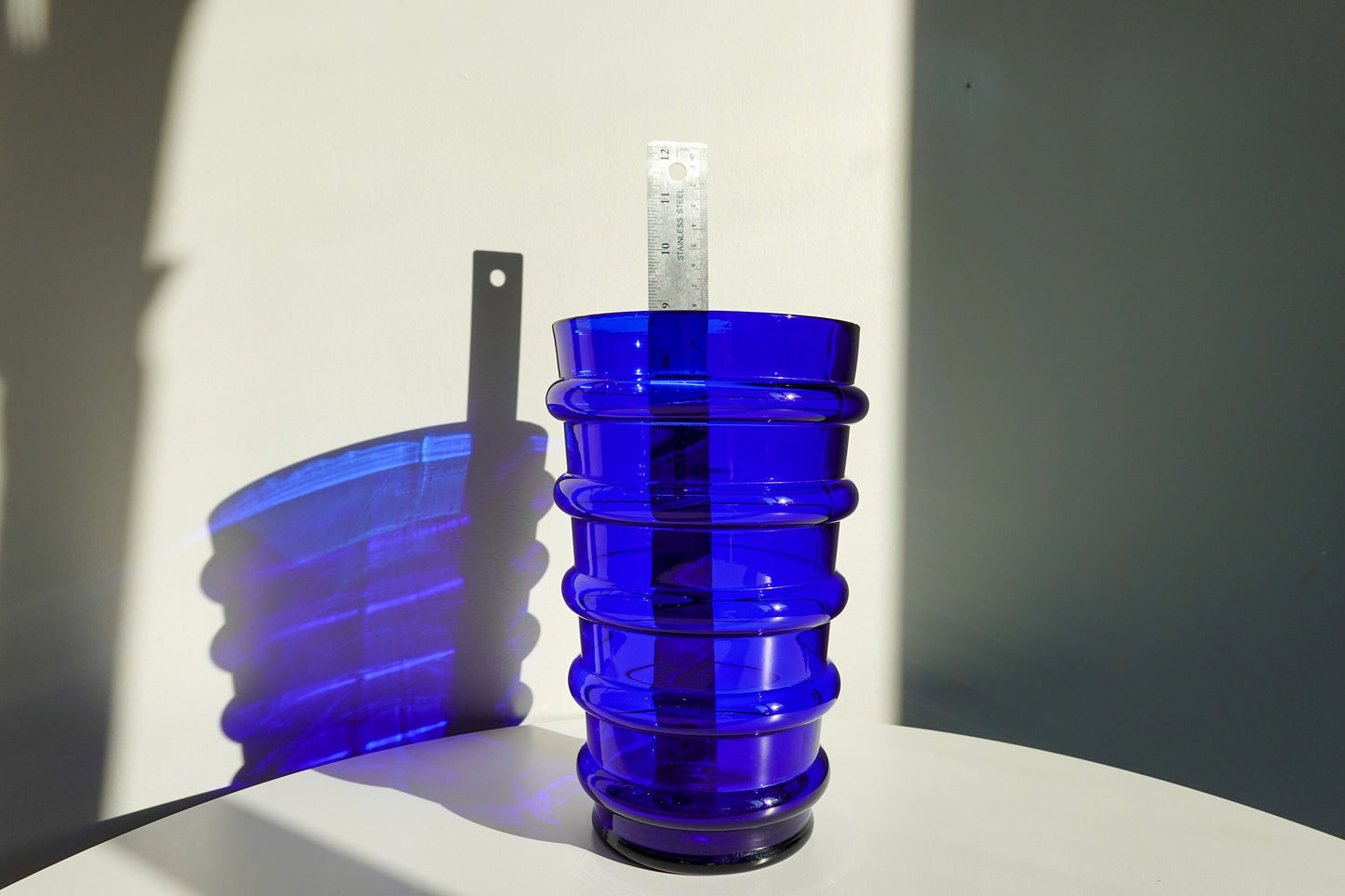 Vintage Banded Art Glass Vase - Art Deco Style Vase - Cobalt Blue - Pressed Glass with 5 Banded Rings - Pressed Glass