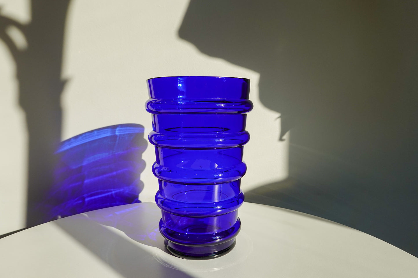 Vintage Banded Art Glass Vase - Art Deco Style Vase - Cobalt Blue - Pressed Glass with 5 Banded Rings - Pressed Glass
