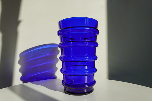 Vintage Banded Art Glass Vase - Art Deco Style Vase - Cobalt Blue - Pressed Glass with 5 Banded Rings - Pressed Glass