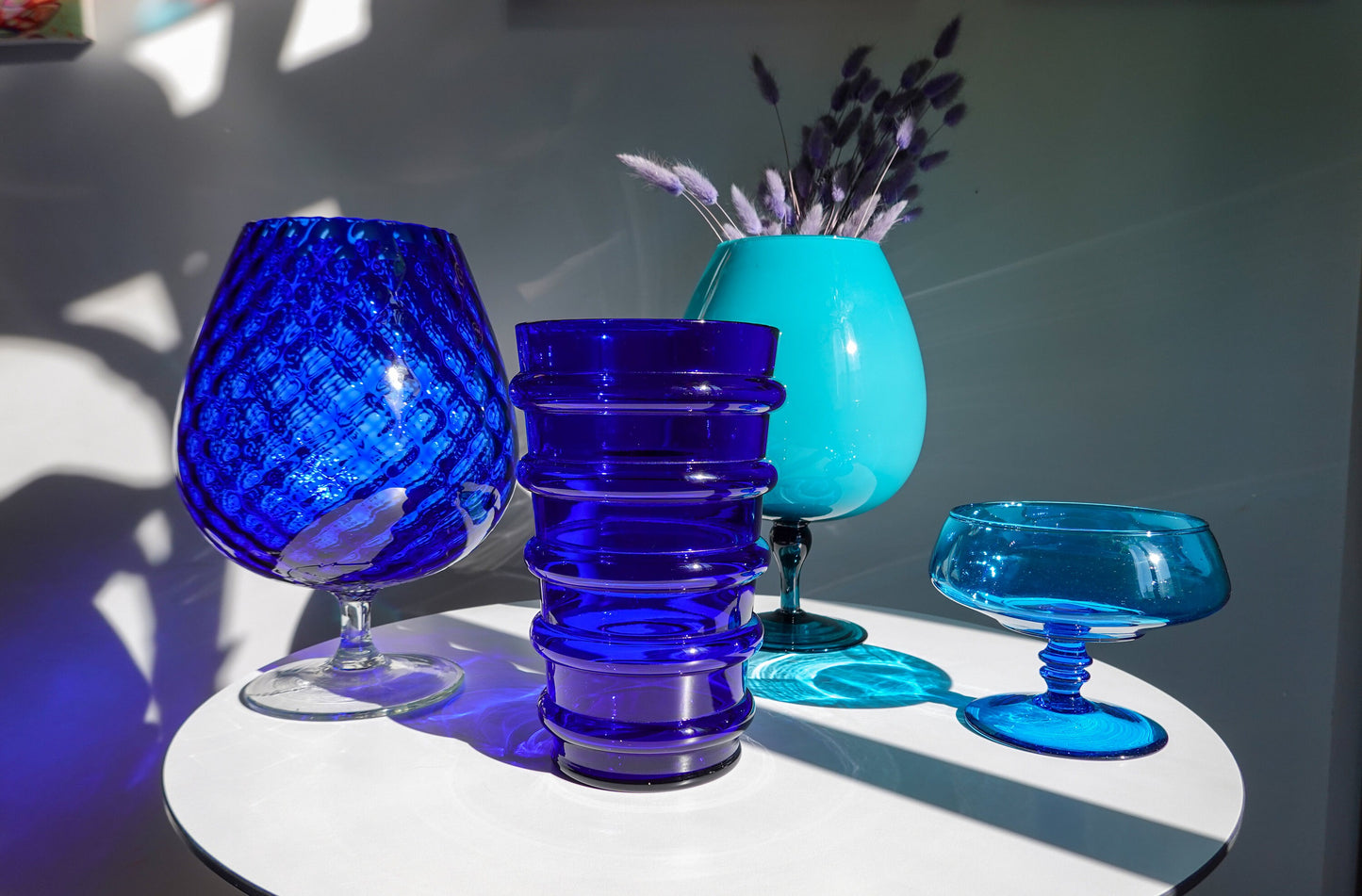 Vintage Banded Art Glass Vase - Art Deco Style Vase - Cobalt Blue - Pressed Glass with 5 Banded Rings - Pressed Glass