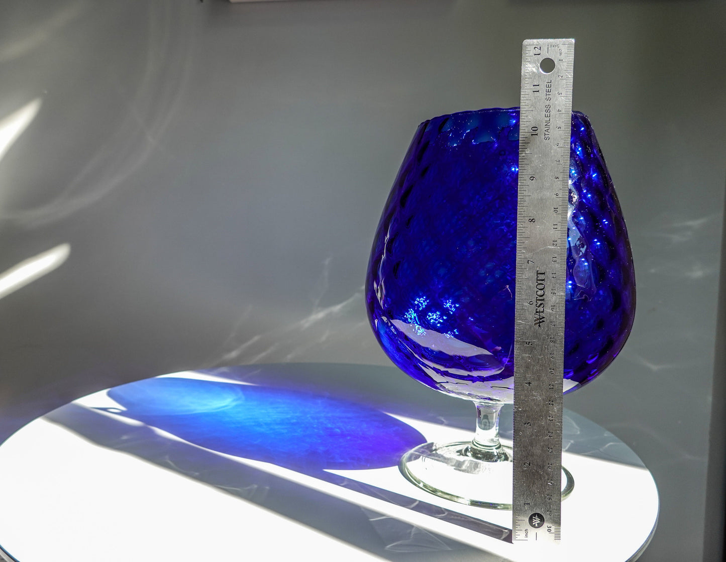 60's Vintage Italian Empoli Vase - Large Optical Glass - Footed Glass with Relief Pattern - Cobalt Blue Vase