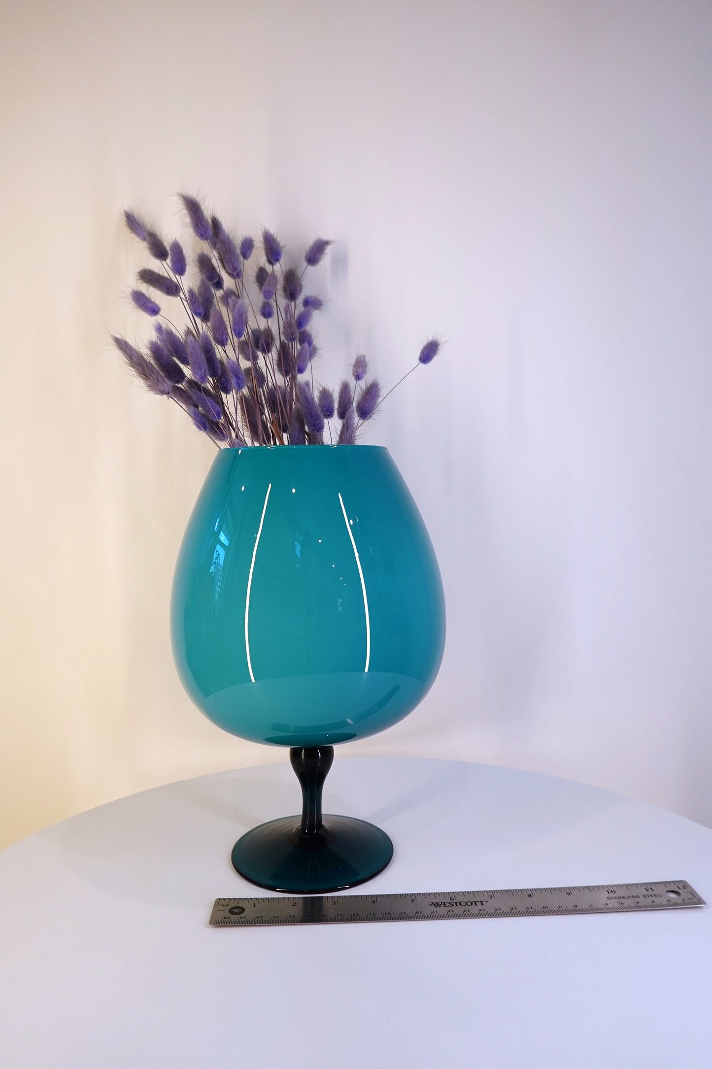 60's Vintage Italian Empoli Vase - Teal Opaline Glass - Footed Vase - Peacock Teal Vintage Vase