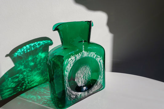Blenko Water Pitcher 384 - Vintage Green Glass - Textured Seeded Glass Carafe - Double Spout - Decanter Vase