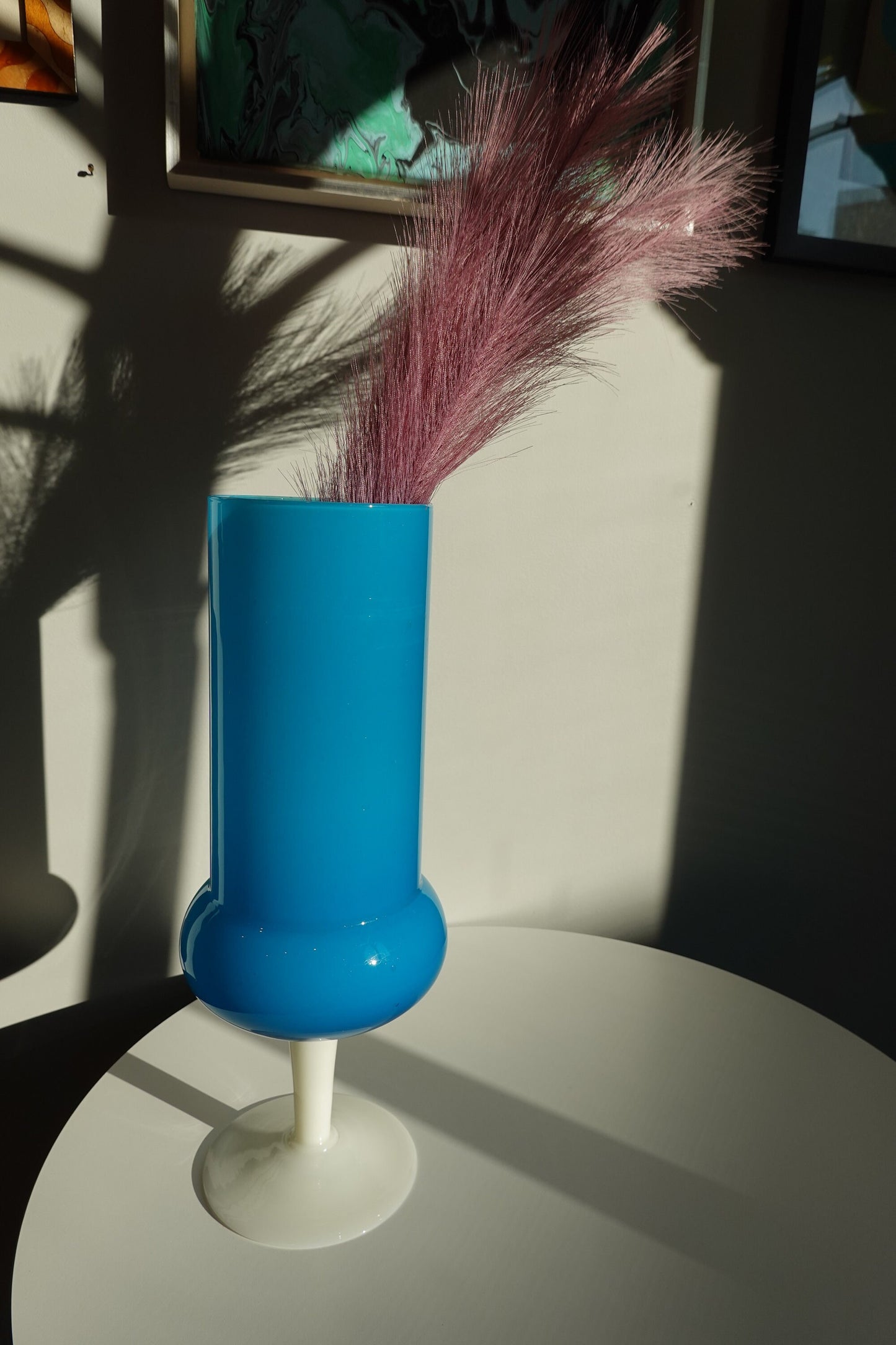60's Opaline Glass - Tall Footed White and Blue Blown Glass Vase - Super Tall Vase - Vintage Empoli Vase